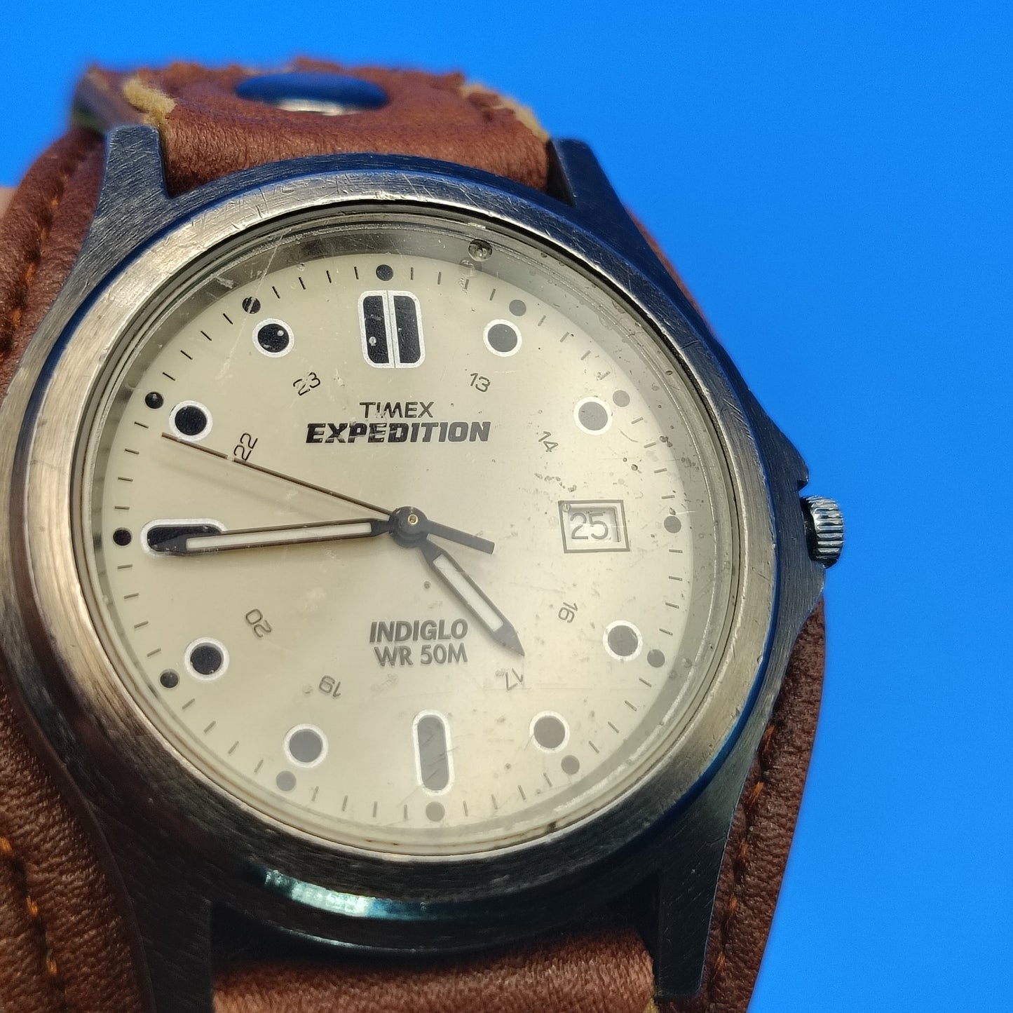 Vintage Timex Expedition INDIGLO 38mm Mens Quartz Field Watch Vegan Leather Cuff fits Size 5 - 7.75