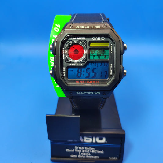 New! 2026 Casio AE1200WH Royale World Time Fully Custom Stained Glass MOD Dial Mens Digital Luxury Watch Leather Strap SS deployment clasp