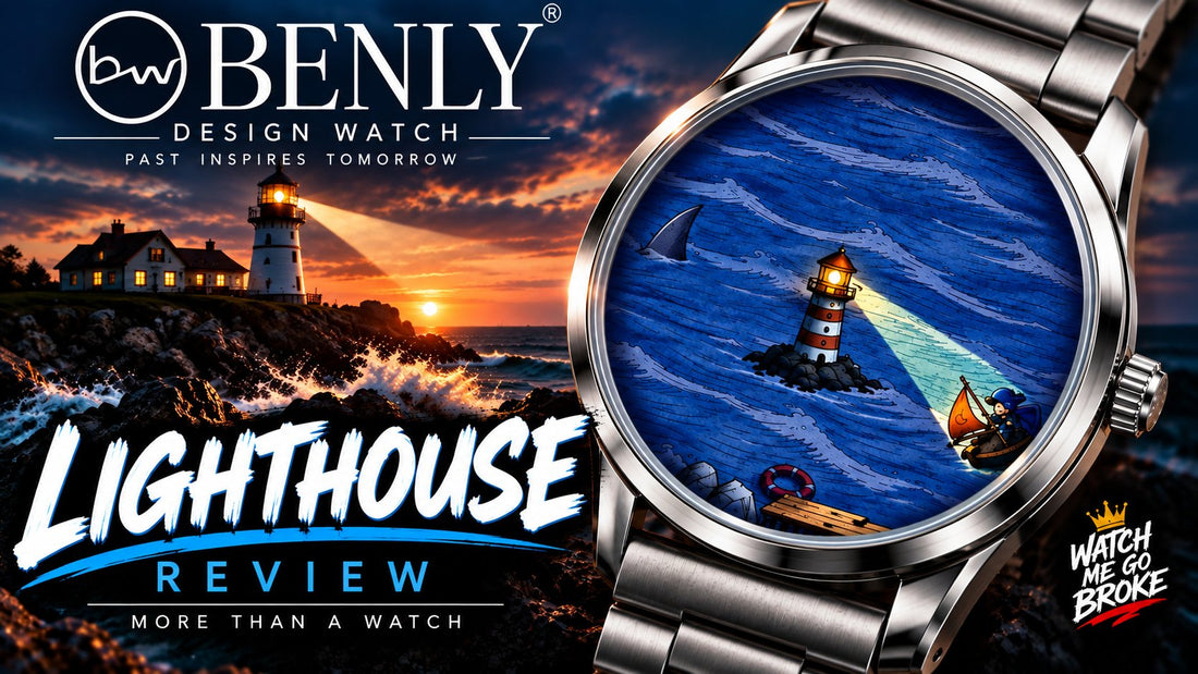 Benly Design Lighthouse review artwork: the Ocean Art Dial with lighthouse, shark fin and sailor at sunset