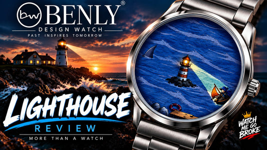 Benly Design Lighthouse review artwork: the Ocean Art Dial with lighthouse, shark fin and sailor at sunset