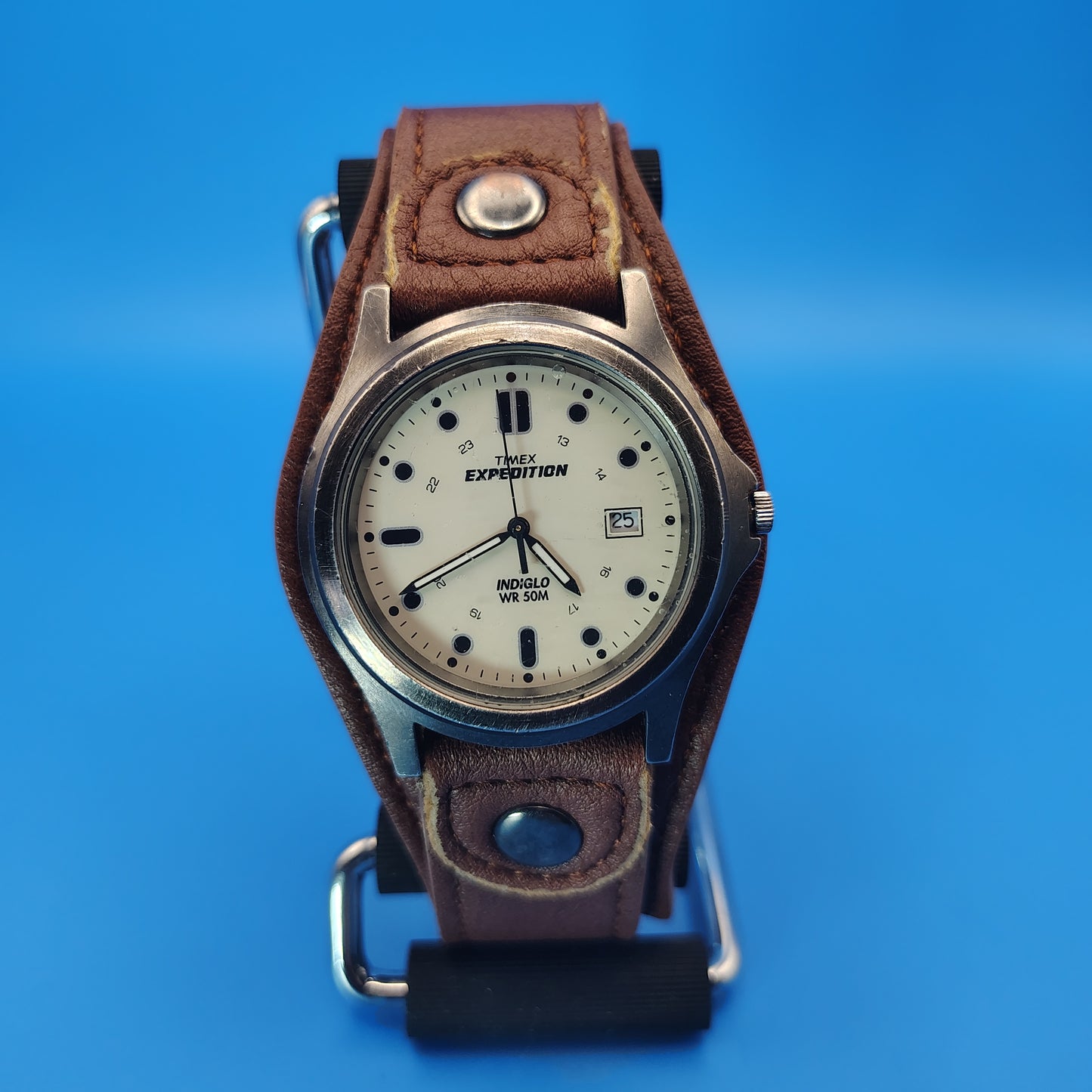 Vintage Timex Expedition INDIGLO 38mm Mens Quartz Field Watch Vegan Leather Cuff fits Size 5 - 7.75