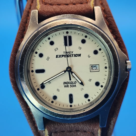 Vintage Timex Expedition INDIGLO 38mm Mens Quartz Field Watch Vegan Leather Cuff fits Size 5 - 7.75