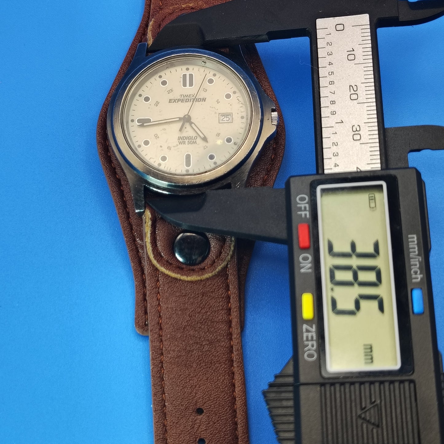 Vintage Timex Expedition INDIGLO 38mm Mens Quartz Field Watch Vegan Leather Cuff fits Size 5 - 7.75