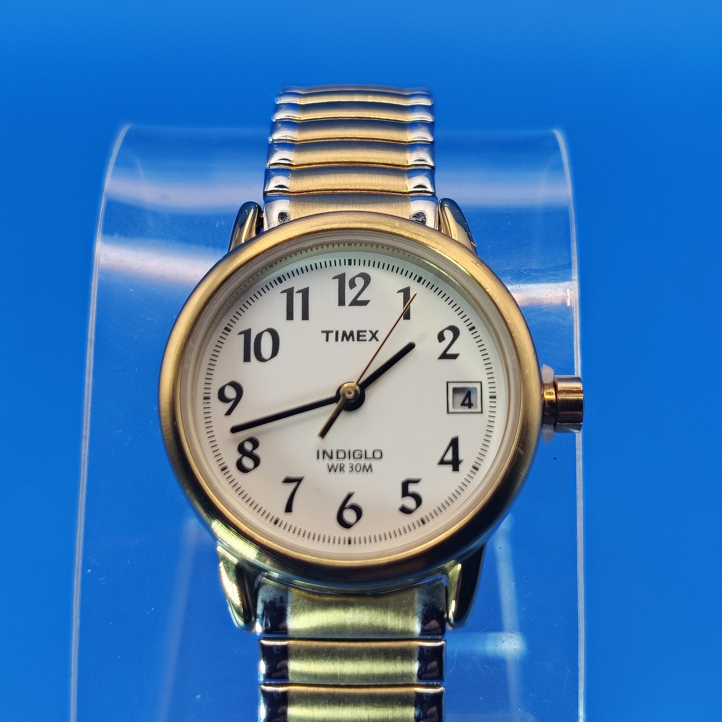 Vintage 2005 Timex Indiglo Date 25mm Women's Quartz Two Tone Watch Stretch Band