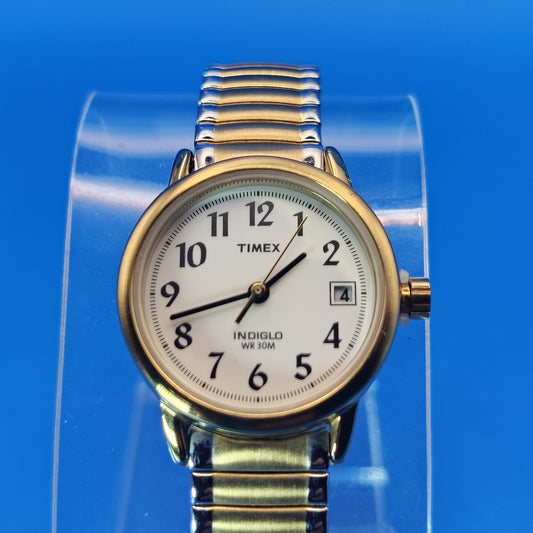 Vintage 2005 Timex Indiglo Date 25mm Women's Quartz Two Tone Watch Stretch Band
