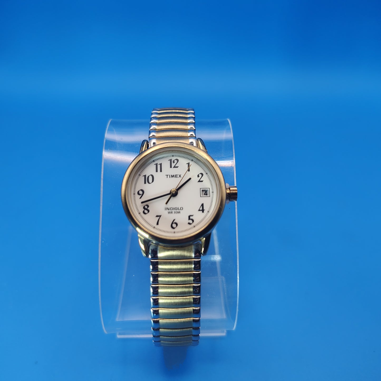 Vintage 2005 Timex Indiglo Date 25mm Women's Quartz Two Tone Watch Stretch Band