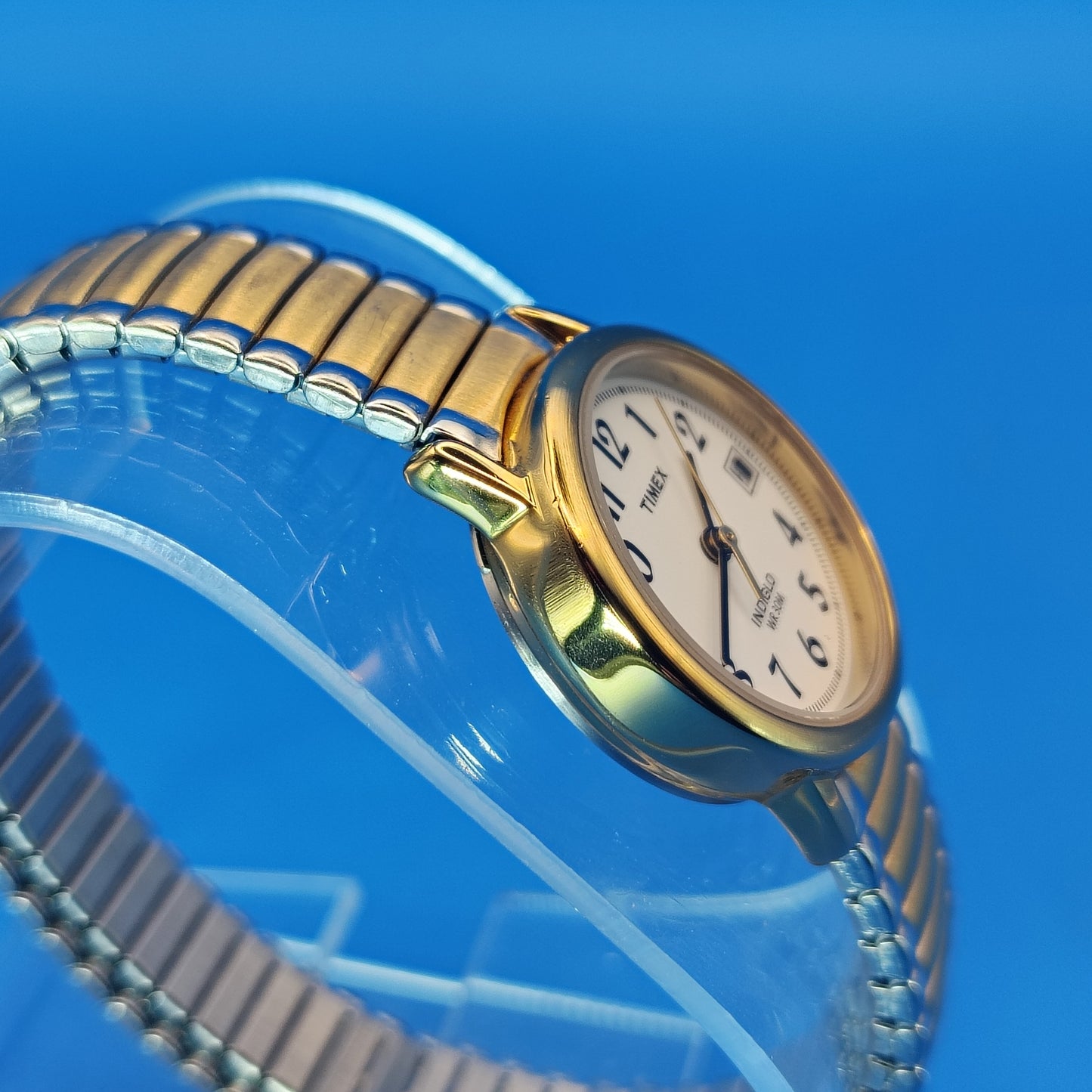 Vintage 2005 Timex Indiglo Date 25mm Women's Quartz Two Tone Watch Stretch Band