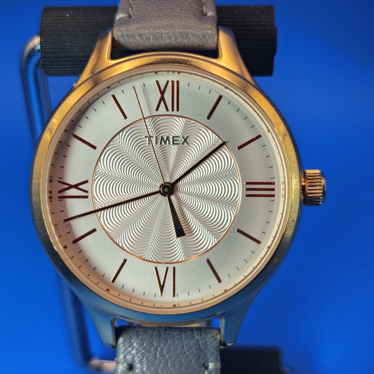 Vintage 2004 Timex Rare Guilloche Dial 36mm Women's Quartz Watch Genuine Leather Strap