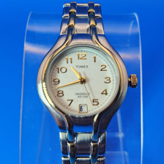 Vintage 1993 Timex Indiglo 27mm Two Tone Women's Quartz Watch Fits size 6.75 & Smaller