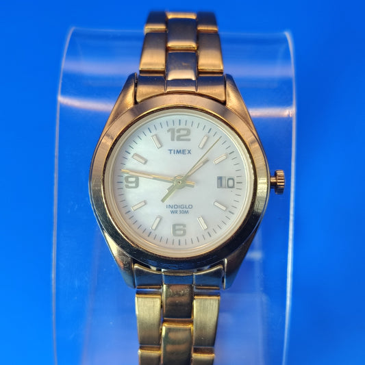 Vintage 1990's Timex Indiglo 24mm Gold Tone Women's Quartz Watch Smoke Crystal Fits Wrist size 6.5 and smaller