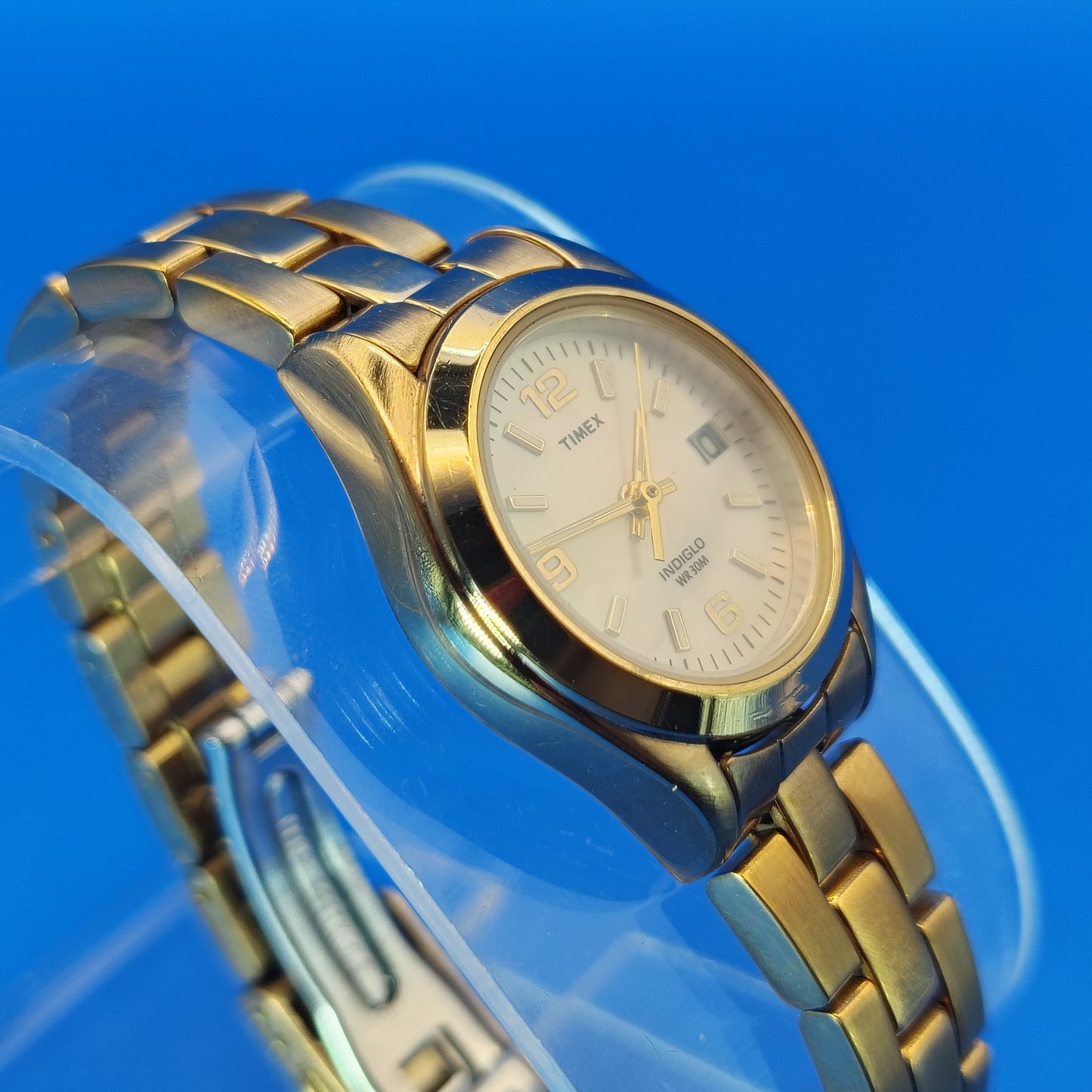 Vintage 1990's Timex Indiglo 24mm Gold Tone Women's Quartz Watch Smoke Crystal Fits Wrist size 6.5 and smaller