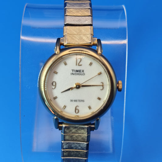 Vintage 1996 Timex Indiglo 23mm Two Tone Women's Quartz Watch Stretch Bracelet