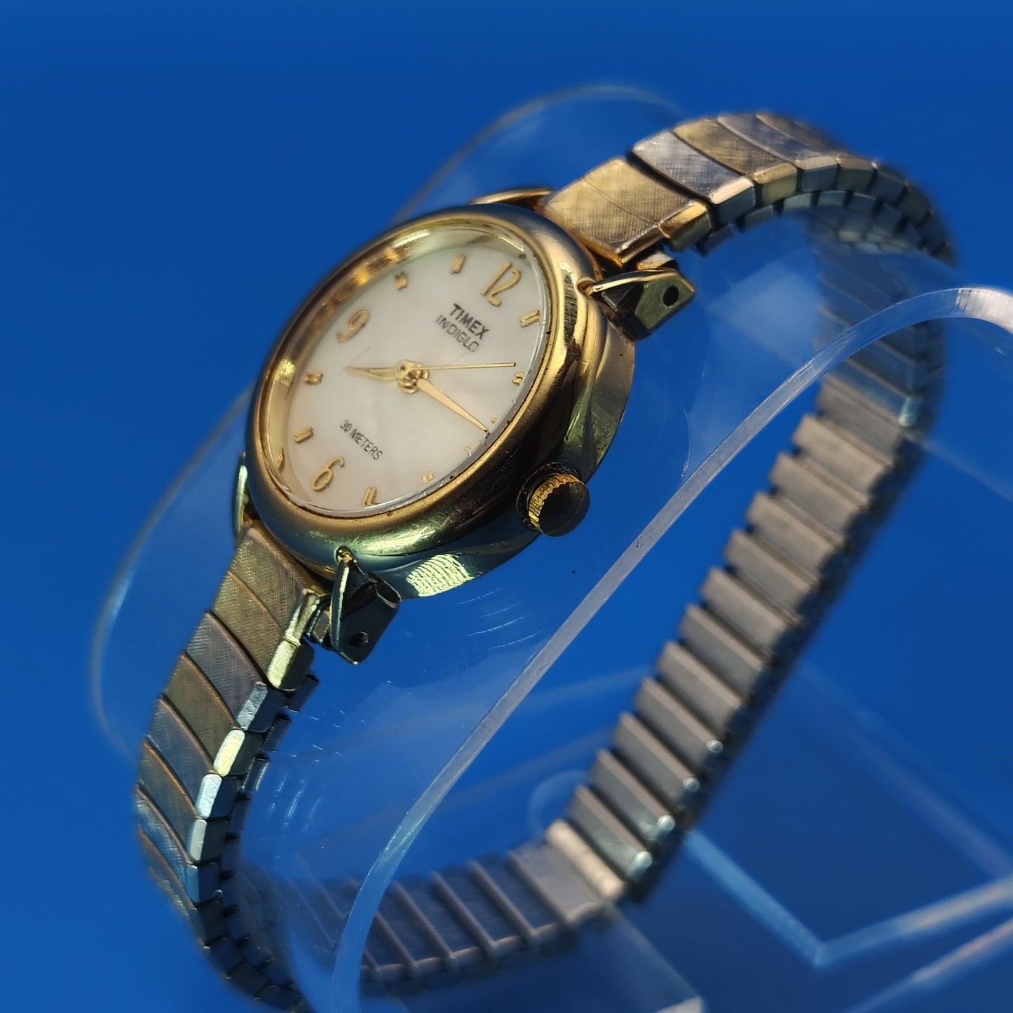 Vintage 1996 Timex Indiglo 23mm Two Tone Women's Quartz Watch Stretch Bracelet