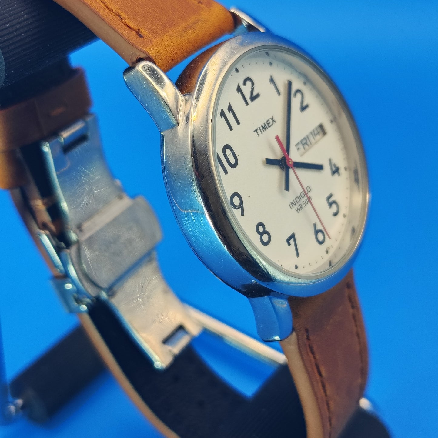 Vintage Timex Easy Reader Day/Date Mens Quartz Watch New Italian Leather Strap w/ Stainless Steel Deployment Clasp