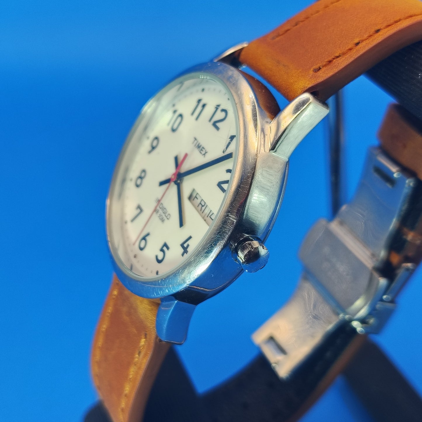 Vintage Timex Easy Reader Day/Date Mens Quartz Watch New Italian Leather Strap w/ Stainless Steel Deployment Clasp