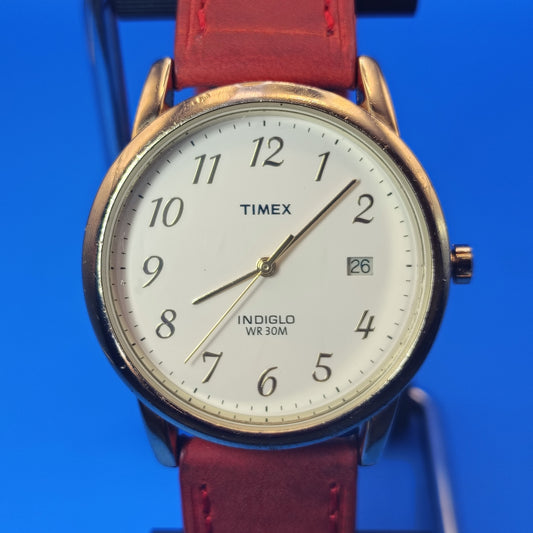 Vintage Timex Date 35mm Men's Quartz Watch New Leather Strap with Stainless Steel Deployment Clasp