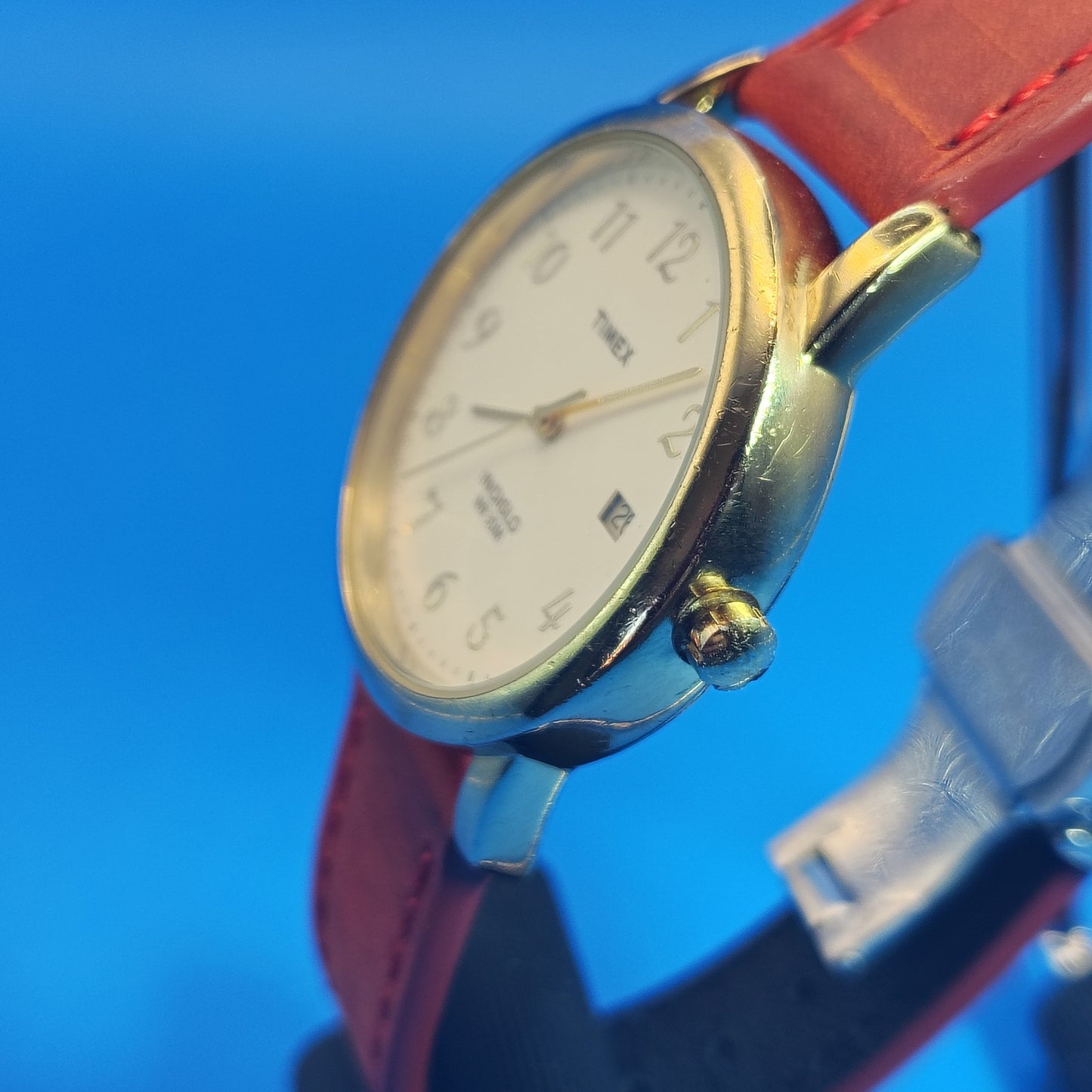 Vintage Timex Date 35mm Men's Quartz Watch New Leather Strap with Stainless Steel Deployment Clasp