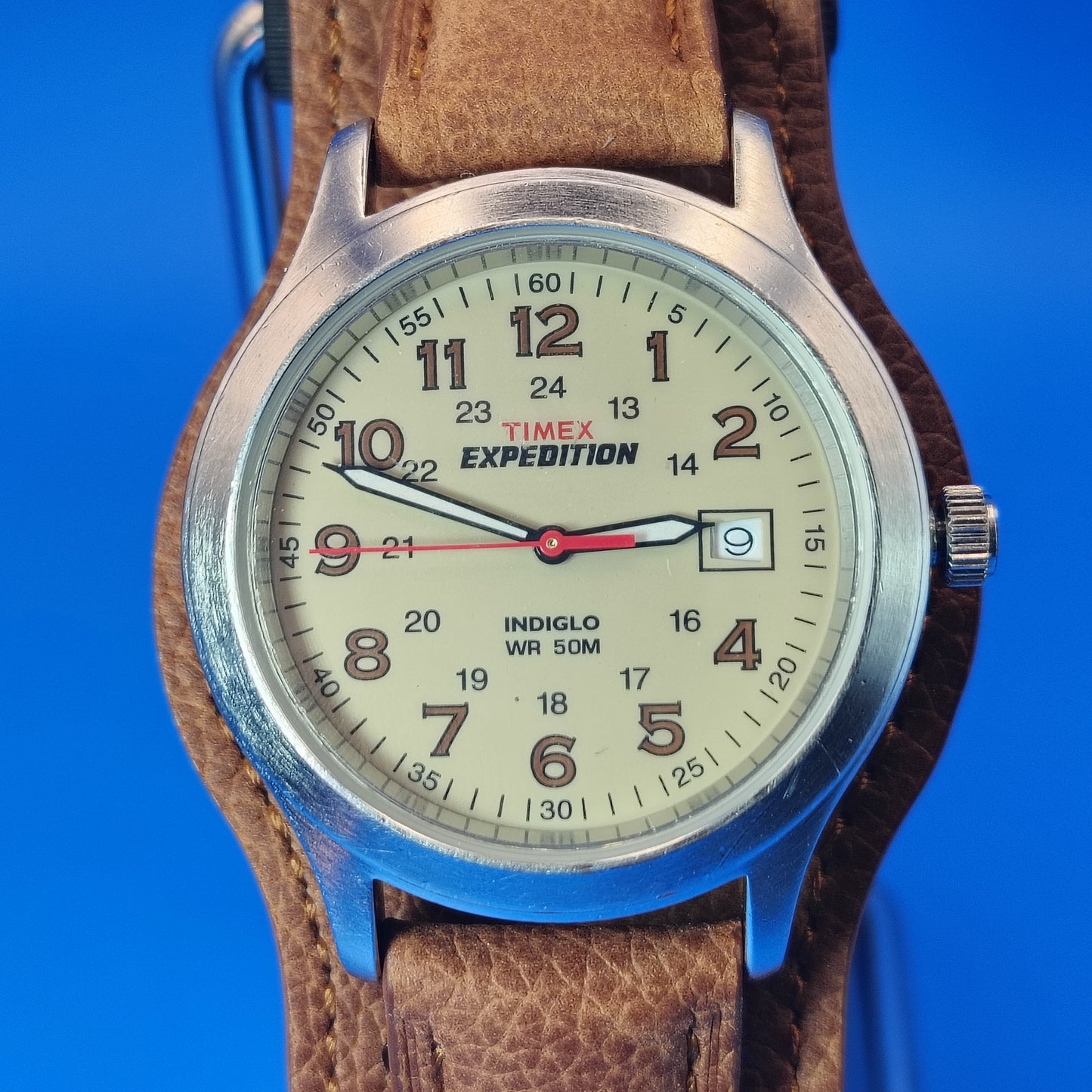 Vintage 2005 Timex Expedition Indiglo 36mm Mens Quartz Watch New Genuine Leather Cuff with Removable Strap