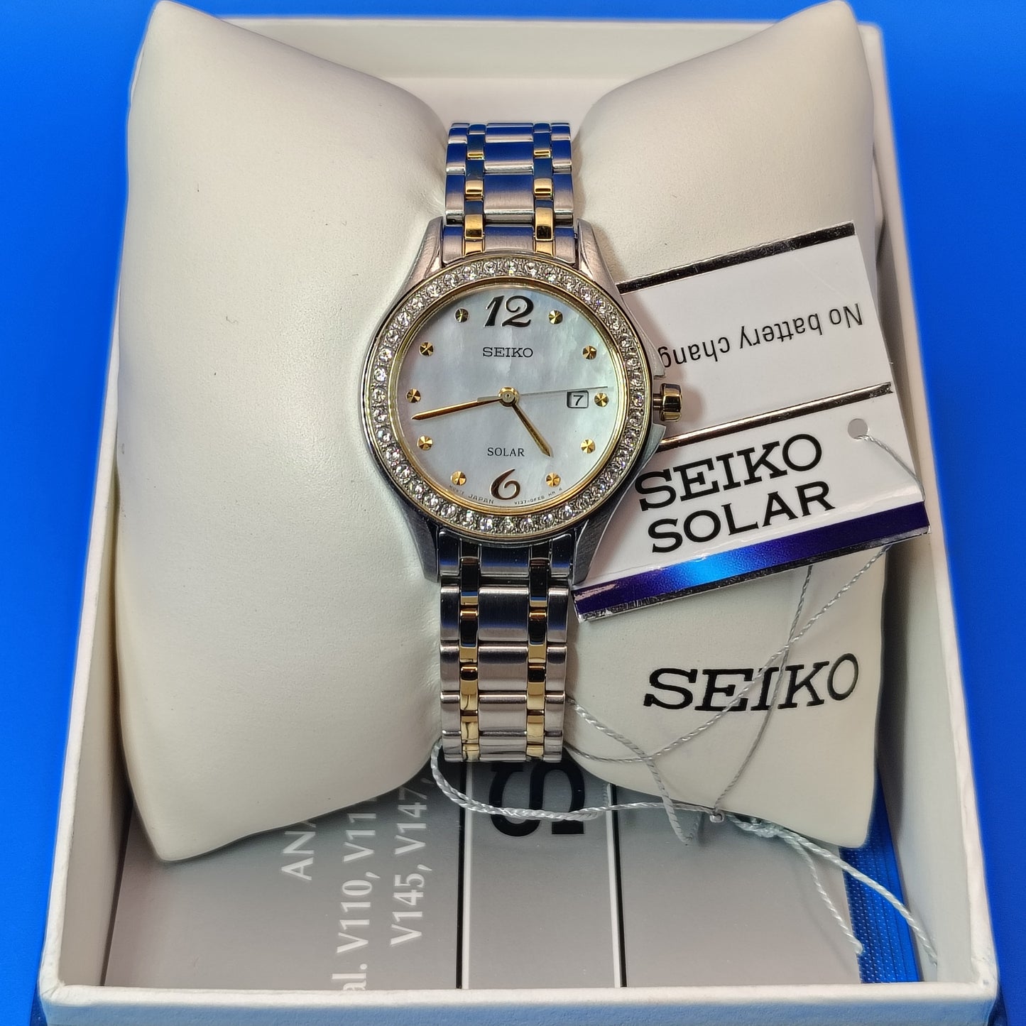New Vintage Seiko Solar Mother of Pearl Women's Quartz Luxury Watch Swarovski Crystal New Old Stock Never Worn Full Set