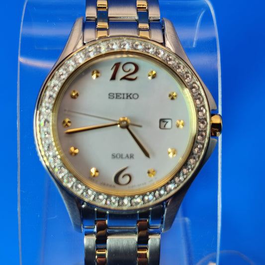 New Vintage Seiko Solar Mother of Pearl Women's Quartz Luxury Watch Swarovski Crystal New Old Stock Never Worn Full Set