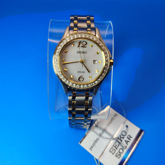 New Vintage Seiko Solar Mother of Pearl Women's Quartz Luxury Watch Swarovski Crystal New Old Stock Never Worn Full Set