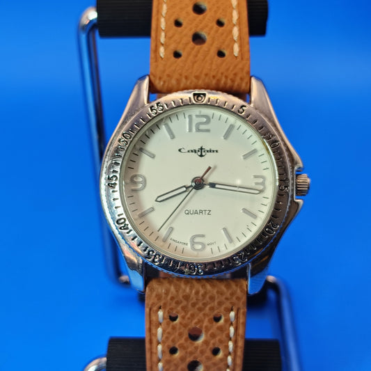 Vintage Captain 33mm Mens Quartz Watch New Leather Strap with Stainless Deployment Clasp Size 5-7.5 adjustable