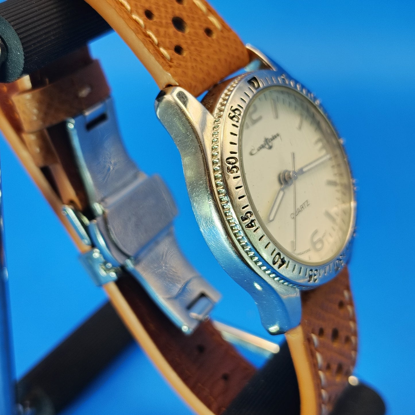 Vintage Captain 33mm Mens Quartz Watch New Leather Strap with Stainless Deployment Clasp Size 5-7.5 adjustable