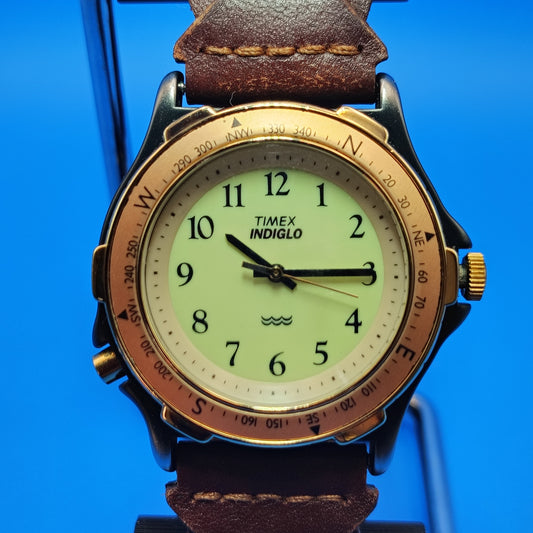 Vintage 2002 Timex Indiglo Expedition 35mm Mens Quartz Watch Braided Geniune Leather Strap Size 5-8.25