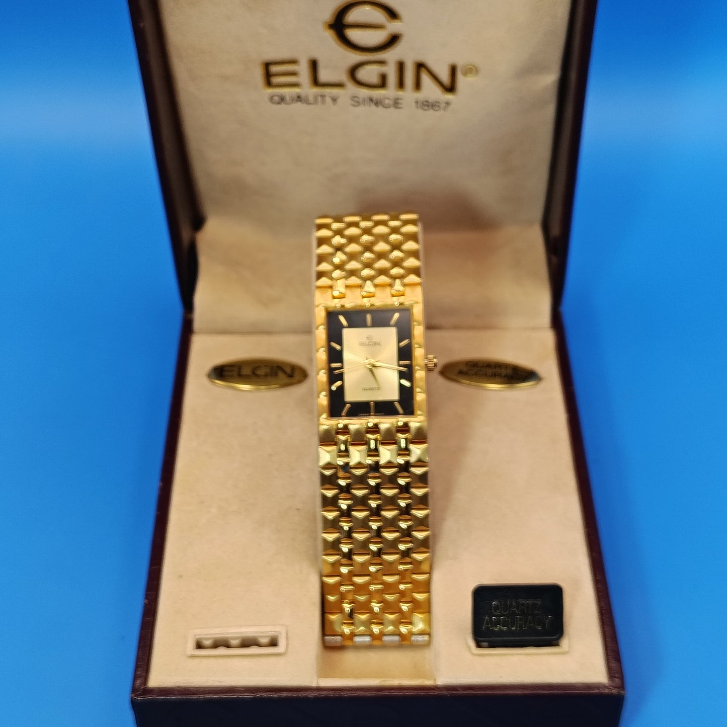 Rare Vintage 1984 Elgin Tank 32mm Mens Quartz Luxury Watch Full Set Box Papers NOS New