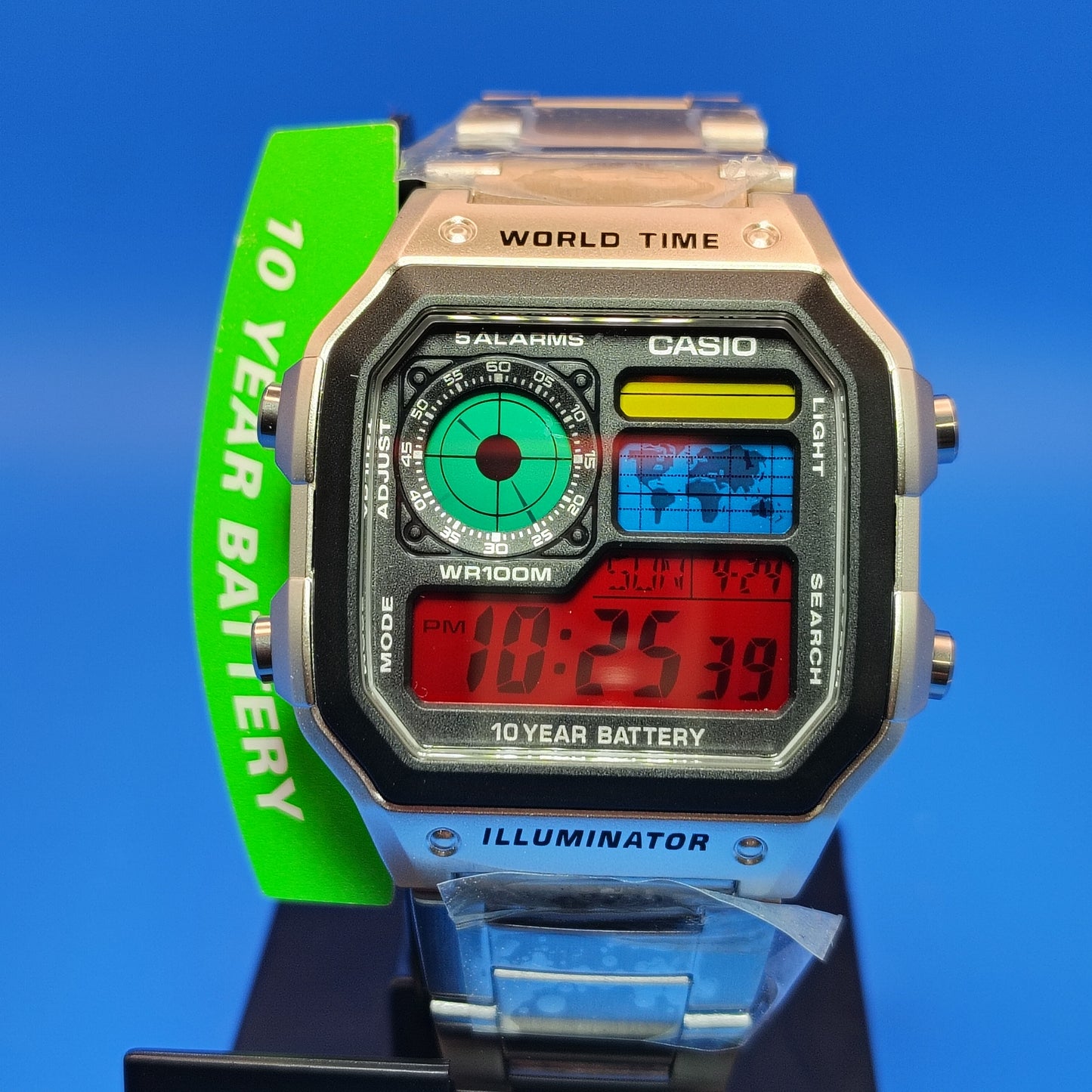 New Custom Made Casio Royale AE1200 World Time Stained Glass MOD 4 Color Dial Mens Digital Watch Casio Stainless Steel Bracelet