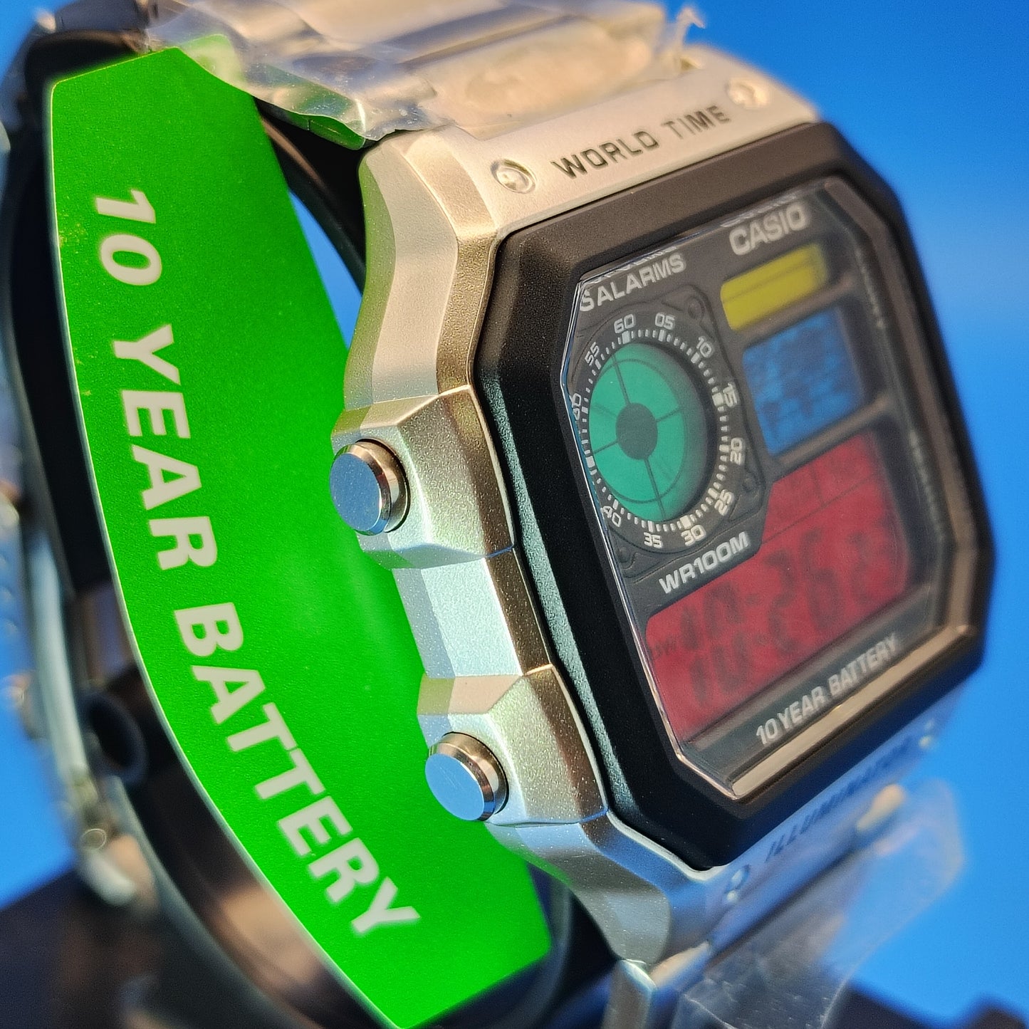 New Custom Made Casio Royale AE1200 World Time Stained Glass MOD 4 Color Dial Mens Digital Watch Casio Stainless Steel Bracelet