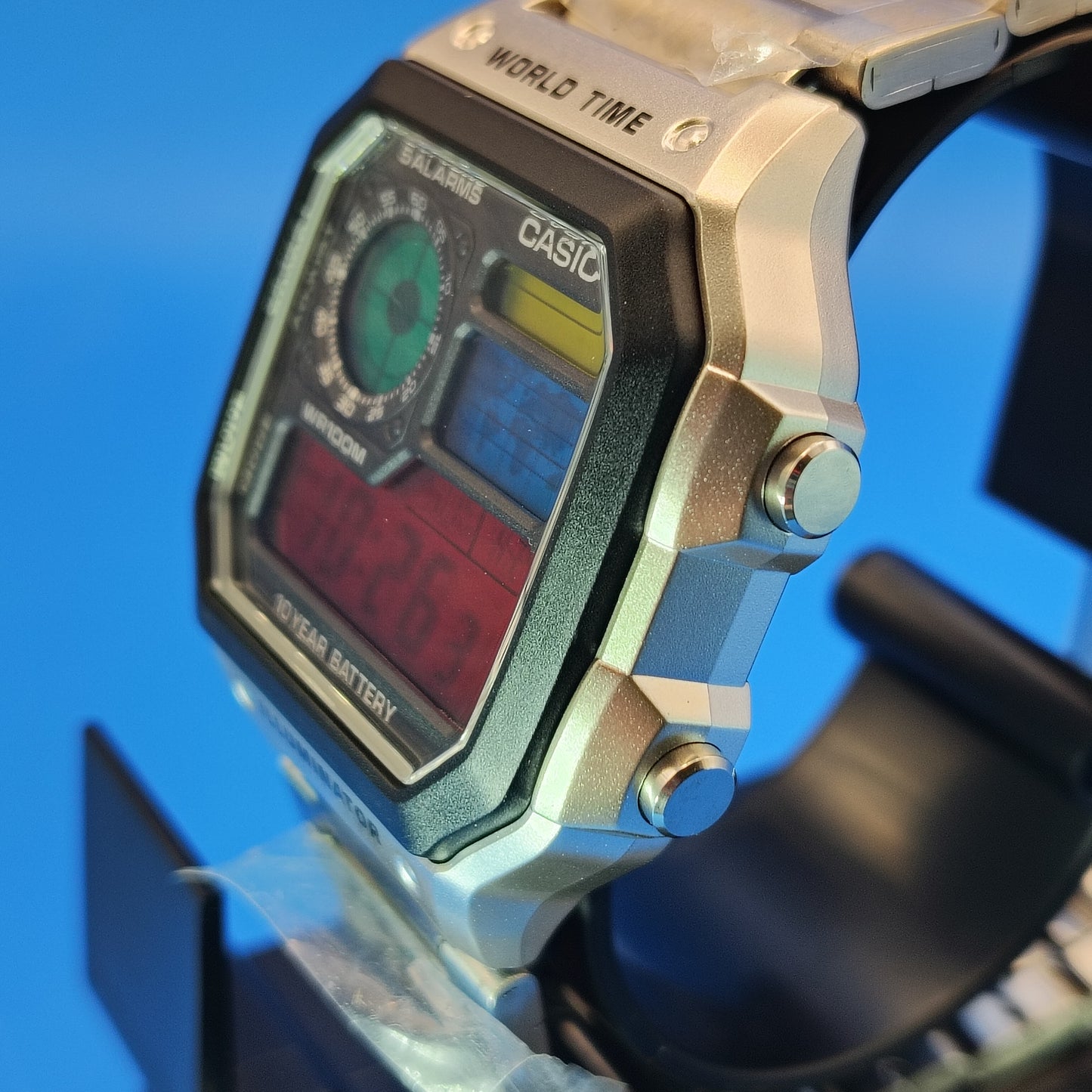 New Custom Made Casio Royale AE1200 World Time Stained Glass MOD 4 Color Dial Mens Digital Watch Casio Stainless Steel Bracelet