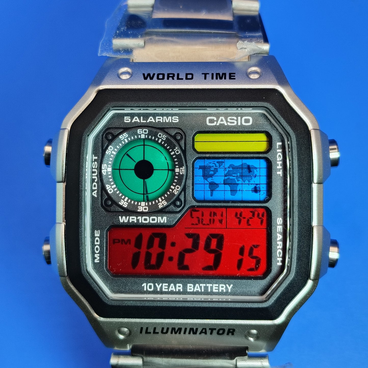 New Custom Made Casio Royale AE1200 World Time Stained Glass MOD 4 Color Dial Mens Digital Watch Casio Stainless Steel Bracelet