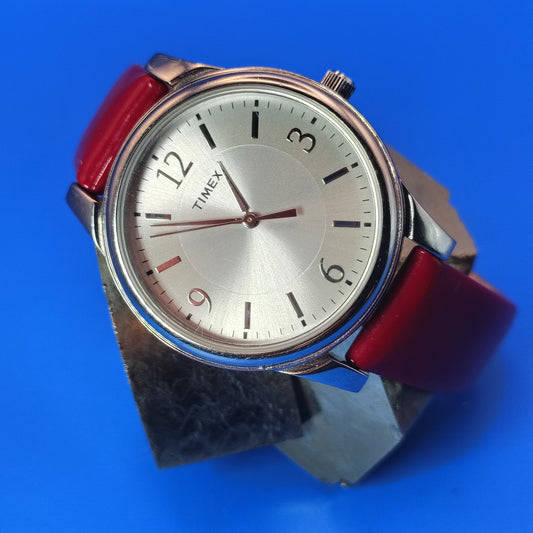Vintage 1996 Timex 35mm Sunburst Women's Quartz Watch Corvette Red Leather Strap Fits wrist size 4-7.5
