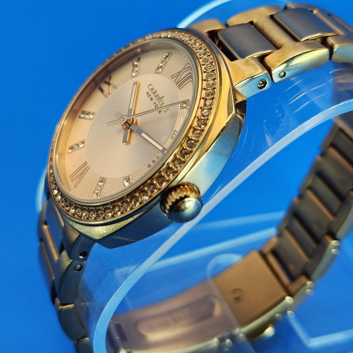 Vintage 2009 Caravelle by Bulova Rhinestone Bezel 32mm Gold Women's Quartz Watch