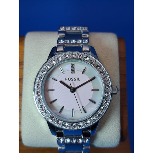 Vintage 2007 Fossil Mother of Pearl Crystal 34mm Women's Quartz Watch Restored