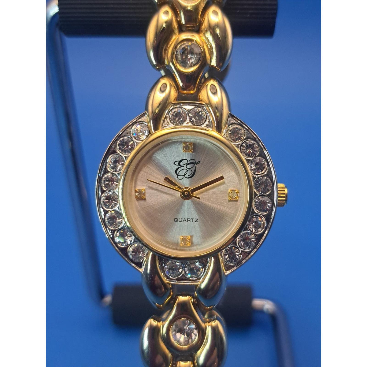Vintage 1995 EJ Crystal Bezel Gold Tone 28mm Women's Quartz Watch Restored