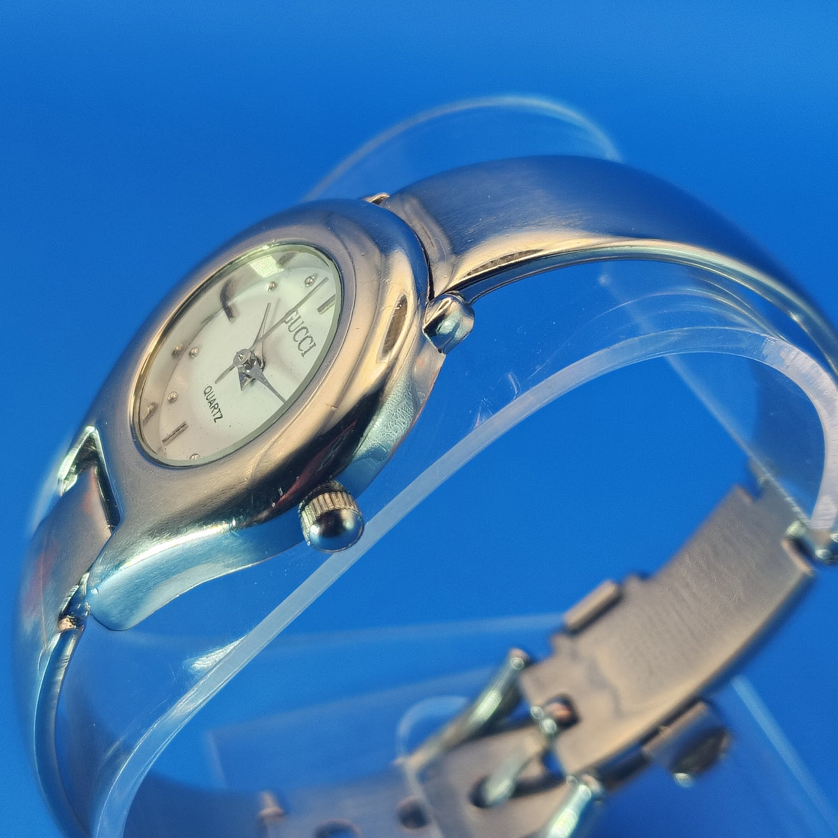 Vintage 1990 Authentic GUCCI Bangel Swiss Made Women's Quartz Luxury Watch SS Strap Fully  Restored