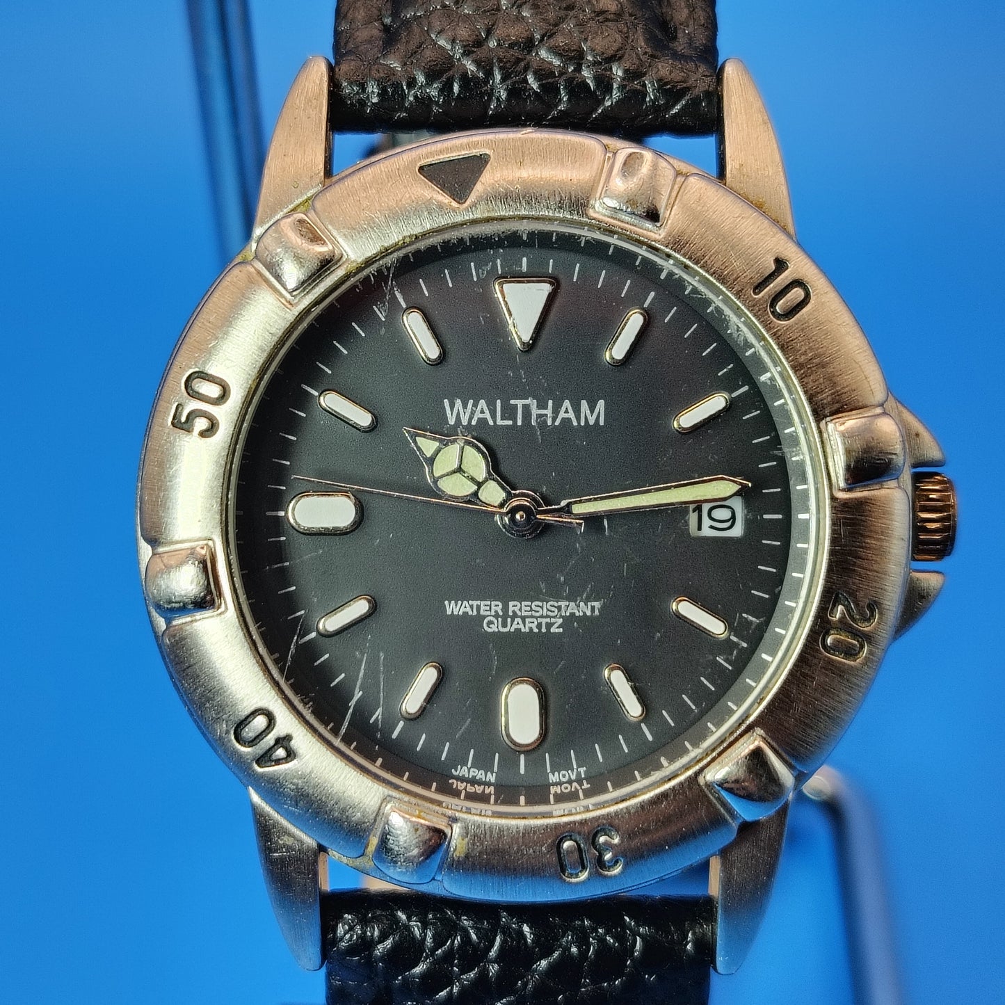 Vintage 1998 Waltham Diver Style 36mm Mens Quartz Watch New Leather Strap Resto