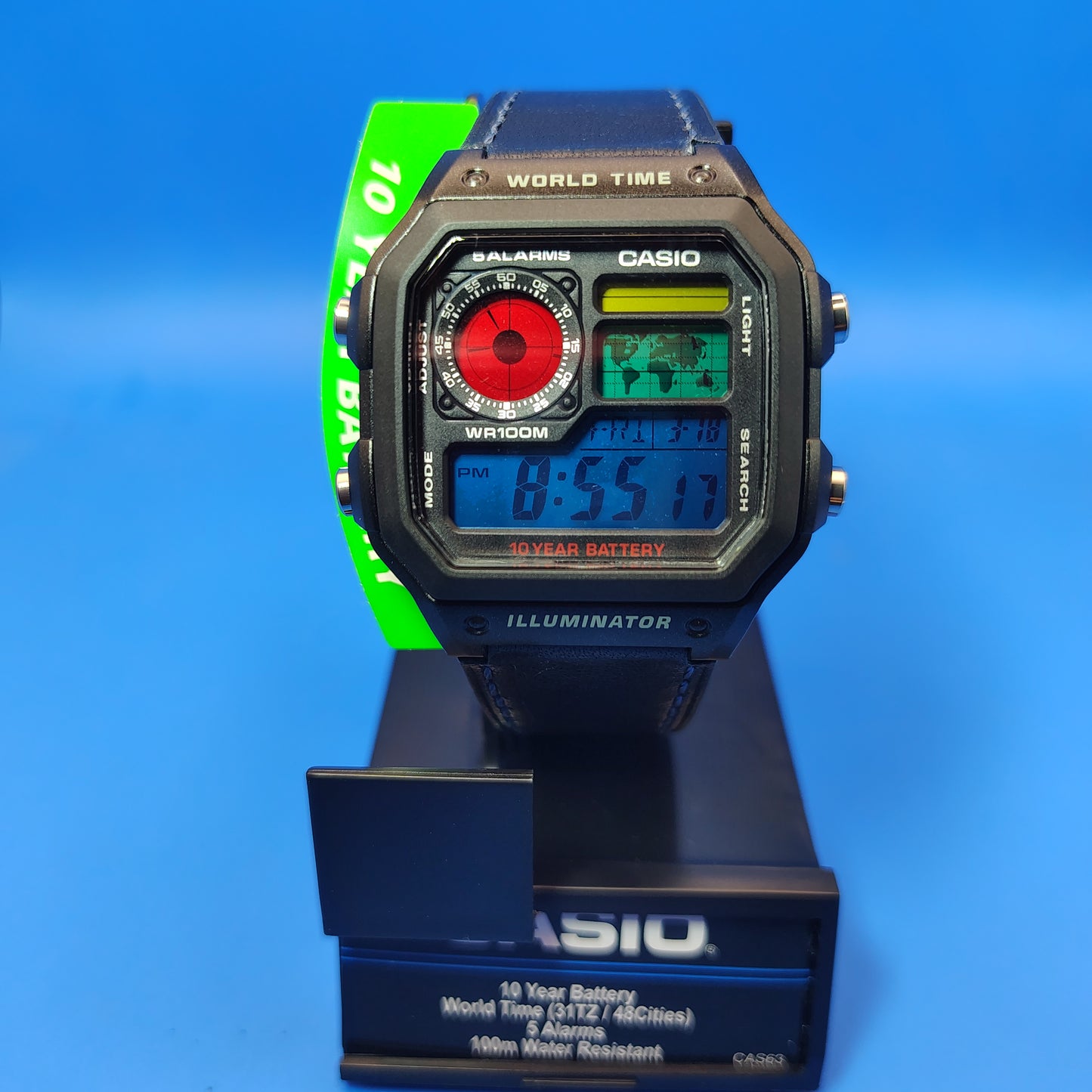 New! 2026 Casio AE1200WH Royale World Time Fully Custom Stained Glass MOD Dial Mens Digital Luxury Watch Blue Leather Strap SS deployment clasp