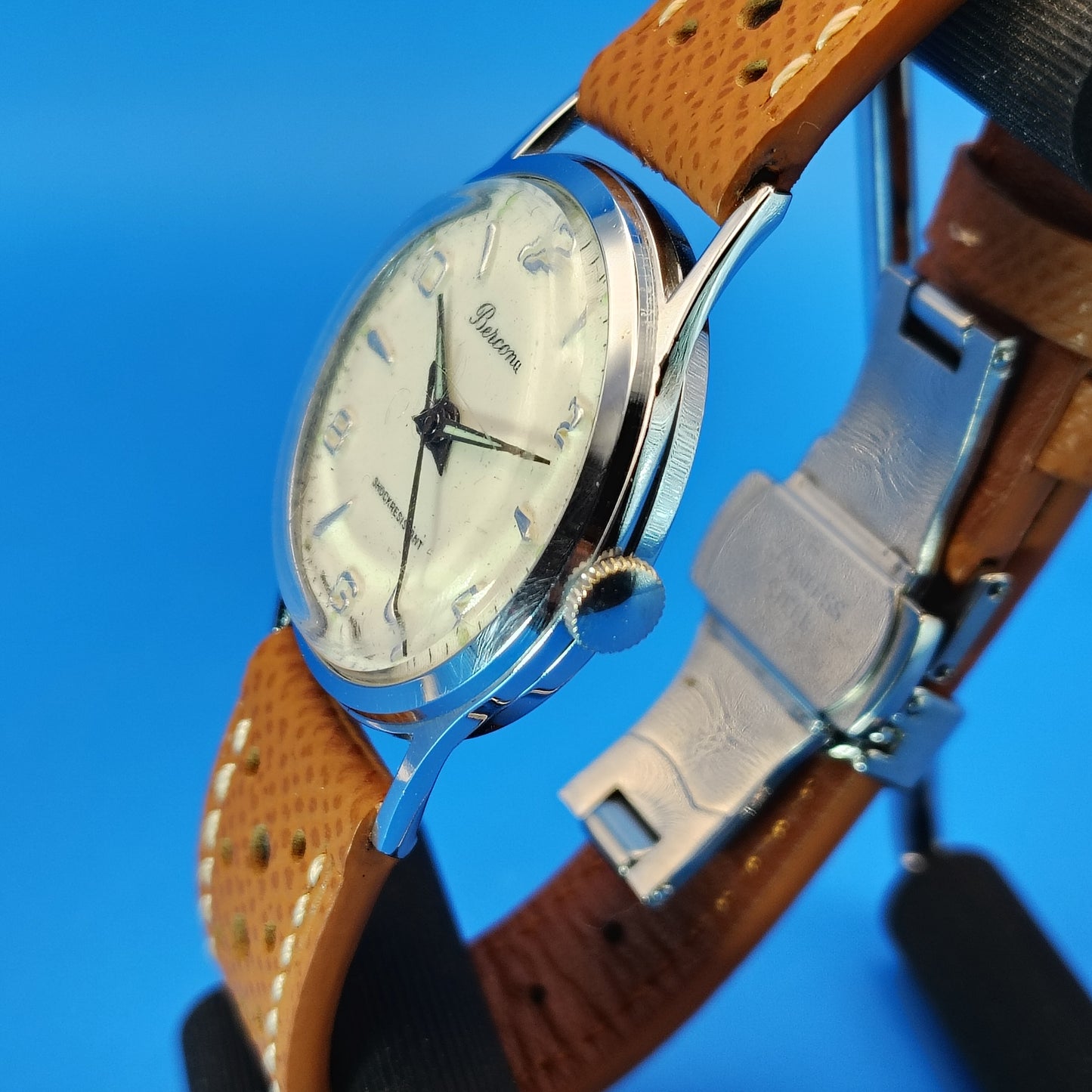 Vintage 1957 Bercona Swiss Made 32mm Mens Mechanical Watch New Strap Restored
