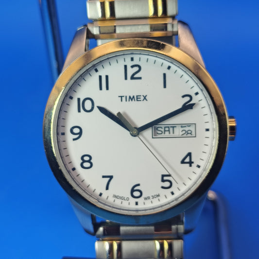 Vintage 2014 Timex Indiglo Day-Date 35mm Mens Quartz Two Tone Dress Watch