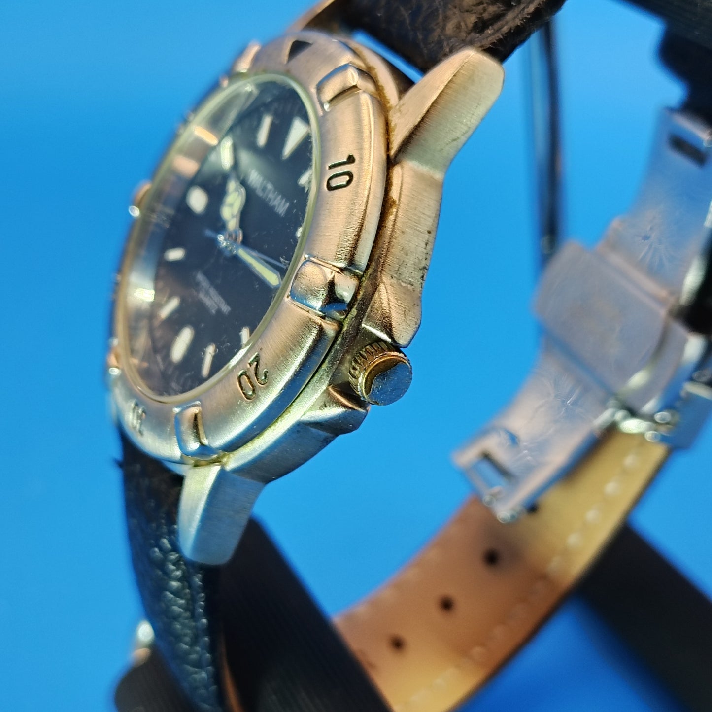 Vintage 1998 Waltham Diver Style 36mm Mens Quartz Watch New Leather Strap Resto