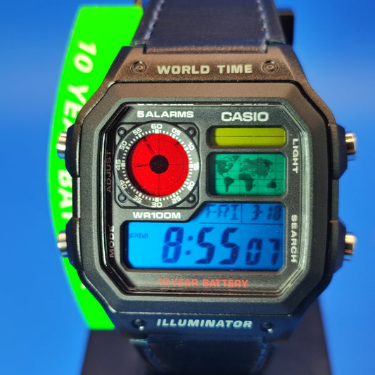 New! 2026 Casio AE1200WH Royale World Time Fully Custom Stained Glass MOD Dial Mens Digital Luxury Watch Leather Strap SS deployment clasp