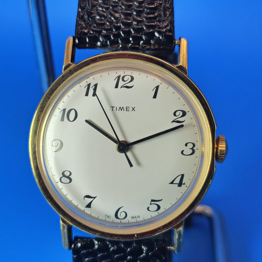 Vintage 1978 Timex Mechanical Wind Gold Tone 39mm Mens Dress Watch Restored