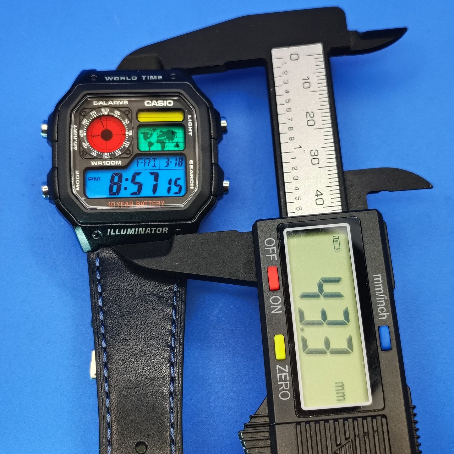 New! 2026 Casio AE1200WH Royale World Time Fully Custom Stained Glass MOD Dial Mens Digital Luxury Watch Blue Leather Strap SS deployment clasp