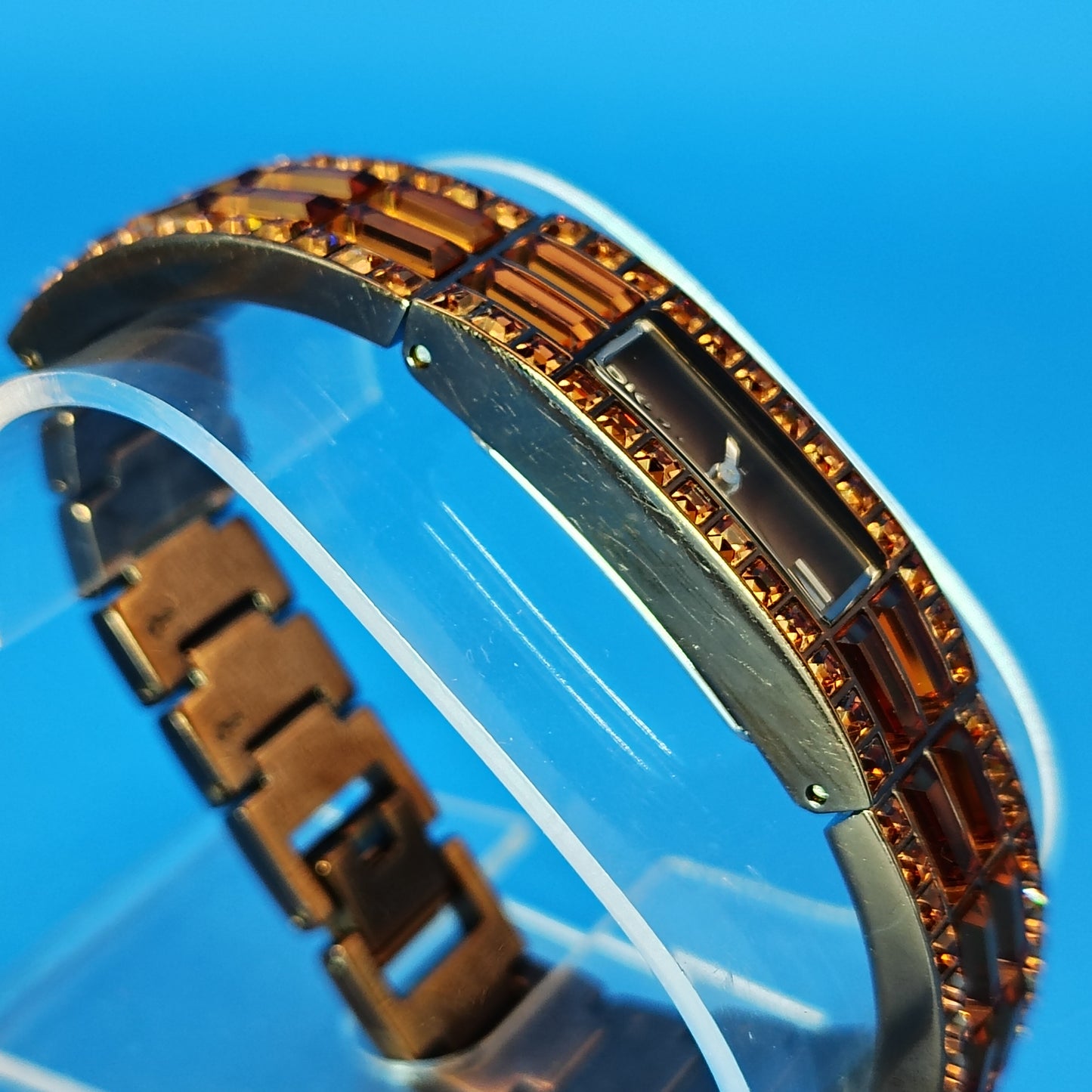Vintage 2008 DKNY Crystal Bangle Tank Brown Dial Women's Quartz Watch Near Mint
