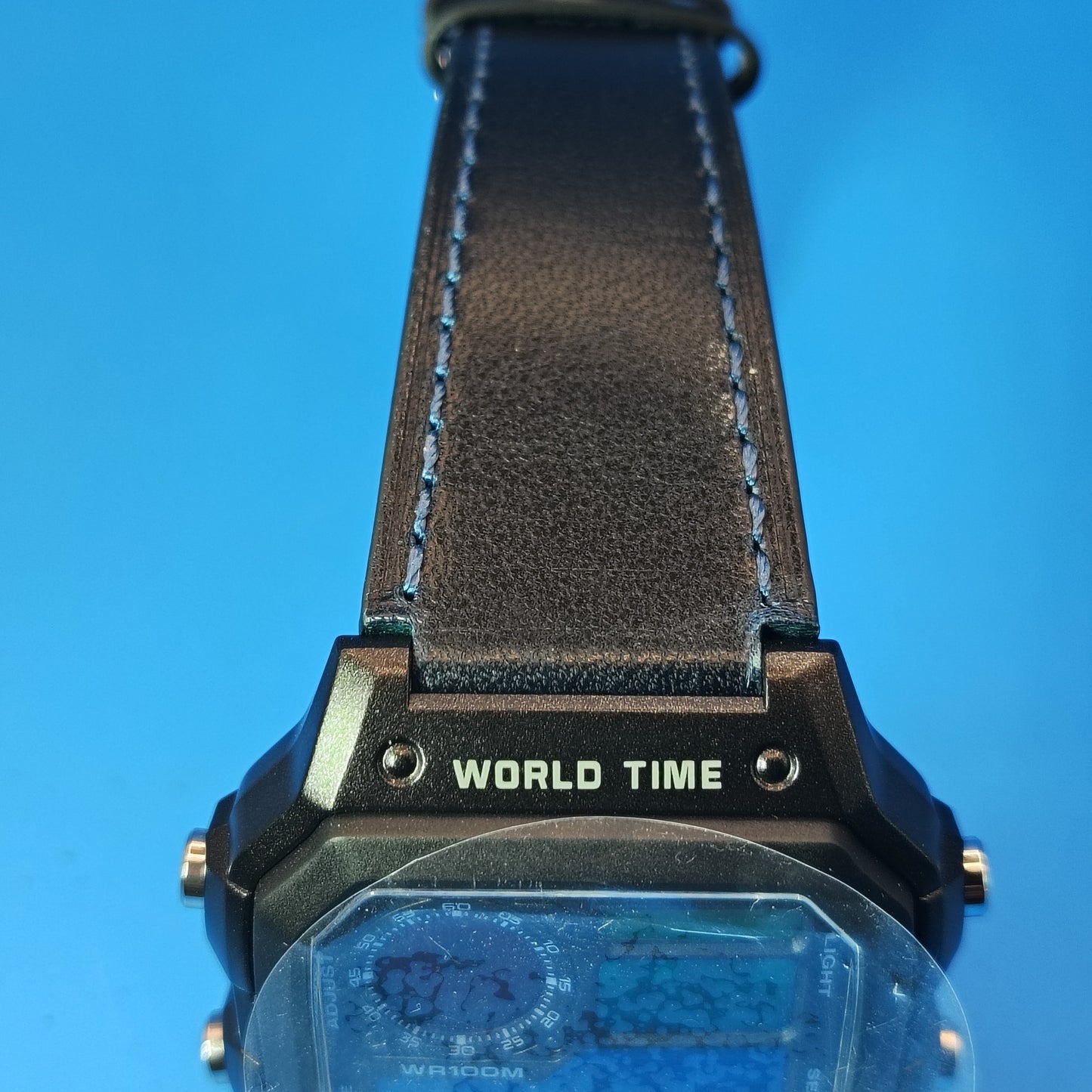 New! 2026 Casio AE1200WH Royale World Time Fully Custom Stained Glass MOD Dial Mens Digital Luxury Watch Blue Leather Strap SS deployment clasp