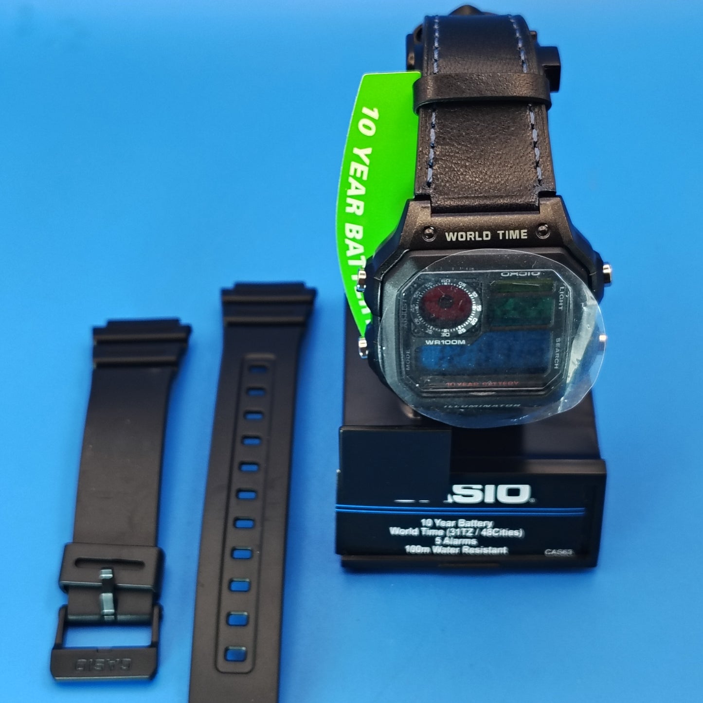 New! 2026 Casio AE1200WH Royale World Time Fully Custom Stained Glass MOD Dial Mens Digital Luxury Watch Blue Leather Strap SS deployment clasp