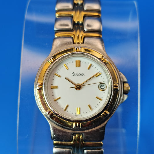 Vintage 1997 Bulova 98M36 Date Two Tone 22mm Women's Quartz Luxury Watch Near Mint